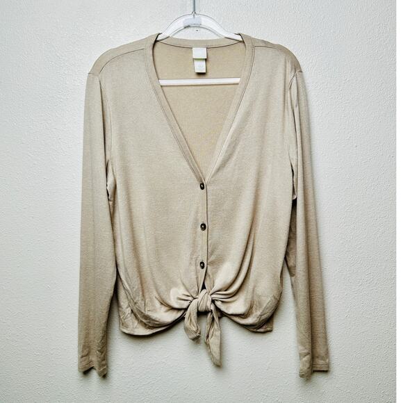 H&M Tan V-Neck Tie-Front Button Cardigan Sweater Women’s L - Picture 2 of 11